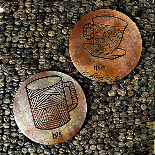 Copper His and Hers Coffee Mug Design Cork-Backed Coasters - Set of 2